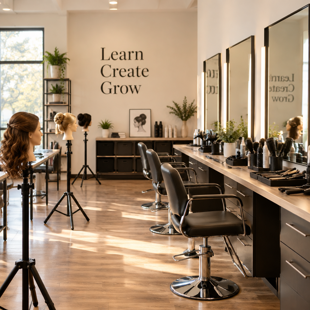 Aishwarya beauty academy classroom with styling stations and Learn Create Grow wall